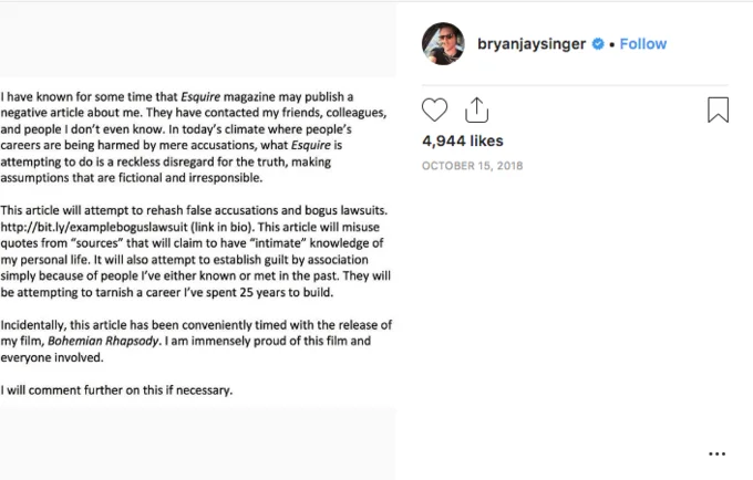 Bryan Singer's Instagram statement from October 2018 preemptively denying the upcoming exposé and framing it as timed to sabotage the release of Bohemian Rhapsody.