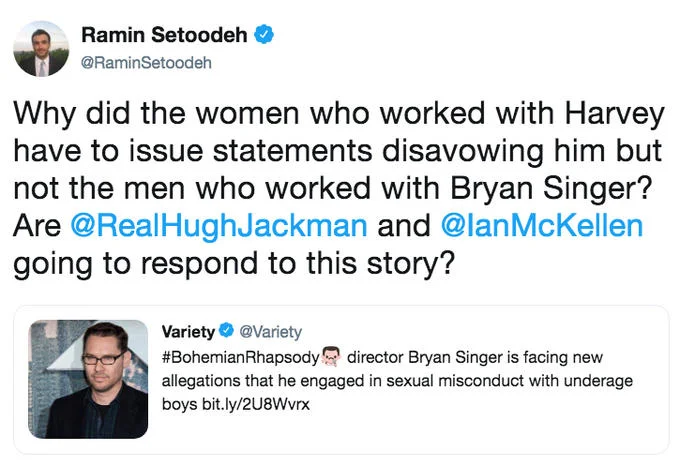 Variety's Ramin Setoodeh publicly presses Hugh Jackman and Ian McKellen for a response after new sexual misconduct allegations surface against Bryan Singer.