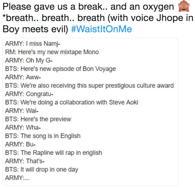 A fan tweet humorously depicts the overwhelming pace of BTS announcements leading up to the 'Waste It On Me' release.