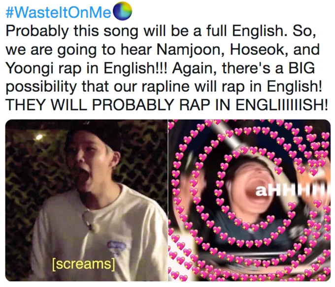 A fan reacts on Twitter with excitement over the possibility of BTS's rap line performing in English on 'Waste It On Me.'