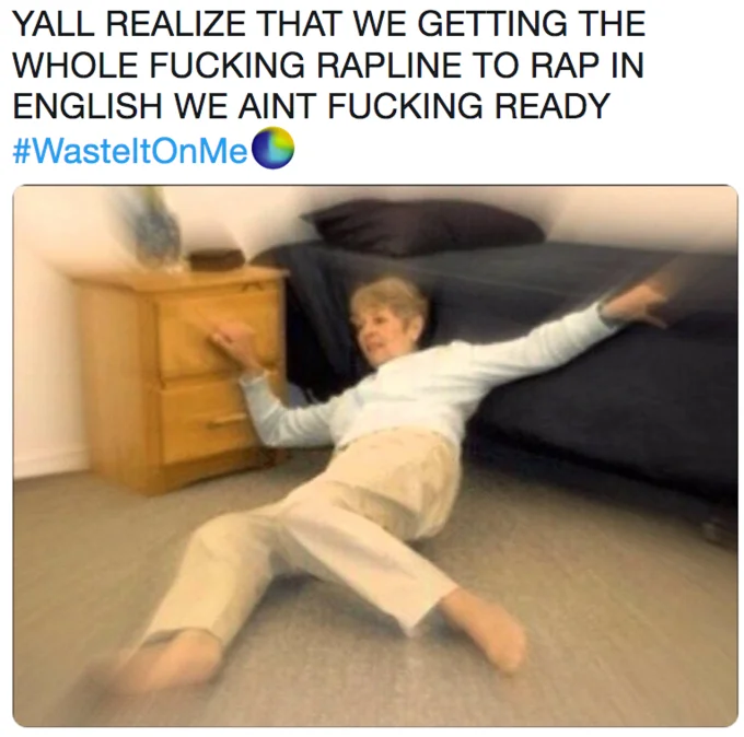 An ARMY fan expresses shock at BTS's rap line performing in English through a viral reaction meme format.