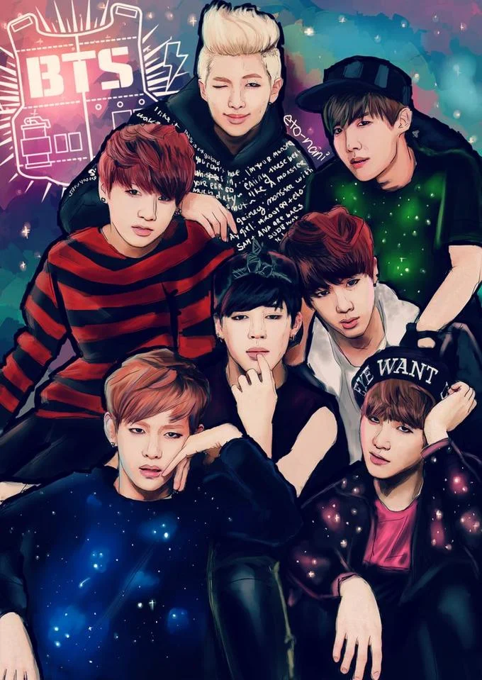 A fan artist depicts the seven members of BTS in a vibrant illustration set against a cosmic backdrop.