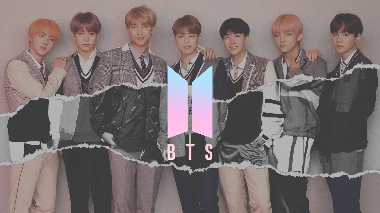 The seven members of BTS pose together in a promotional image featuring the group's official logo.