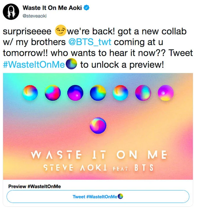 Steve Aoki announces his 'Waste It On Me' collaboration with BTS in a promotional tweet inviting fans to unlock a preview.