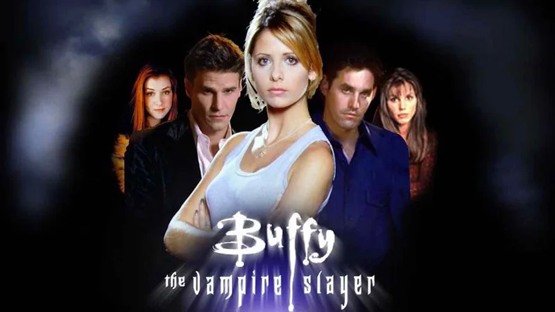 Promotional artwork for Buffy the Vampire Slayer featuring Sarah Michelle Gellar and the core cast.
