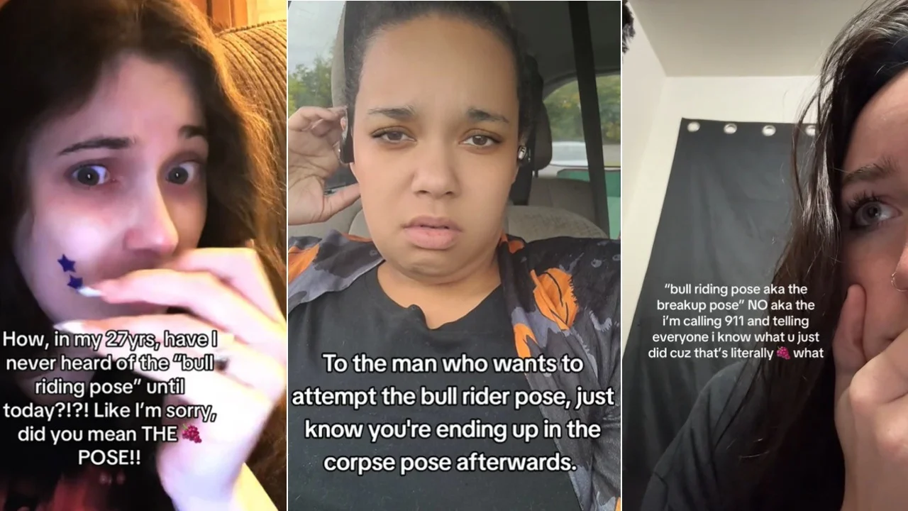 Social media collage of bull riding pose dance trend.