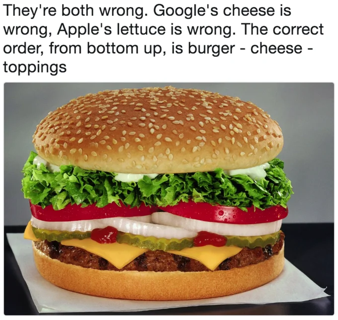 A reply asserting both Apple and Google got it wrong, illustrated with a real cheeseburger showing cheese resting on the patty.