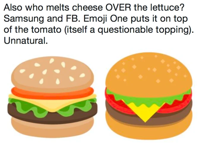 A follow-up tweet extending the debate to Samsung, Facebook, and Emoji One's questionable cheese and topping placements.