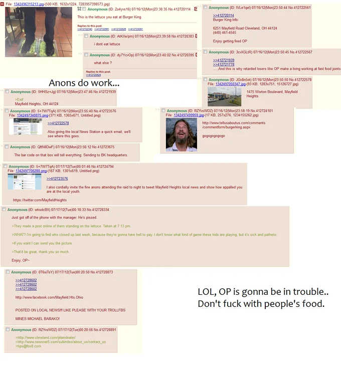 The 4chan /b/ thread from July 2012 where anonymous users identified the Mayfield Heights Burger King and reported the incident, leading to the employee's firing.