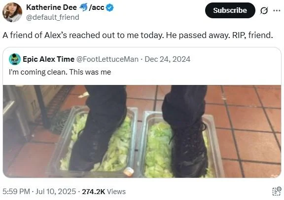 A 2025 social media post revealing the identity of the original foot lettuce poster, who publicly confessed shortly before his death.