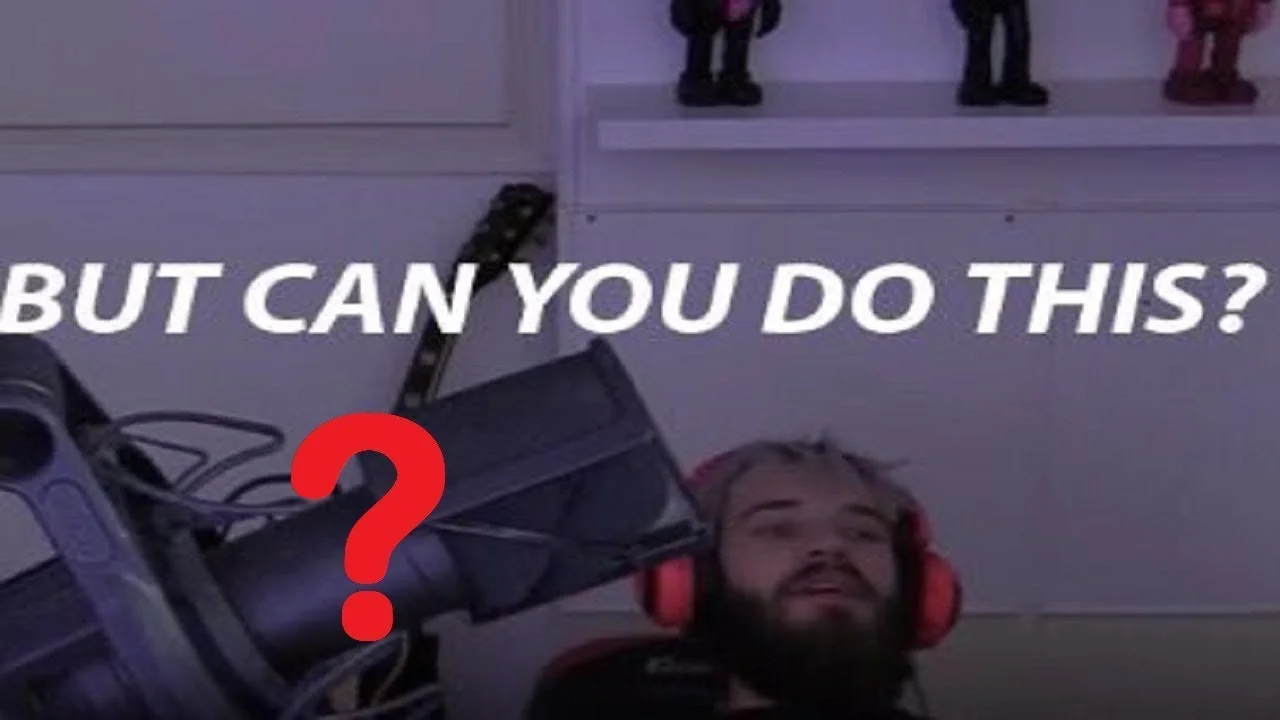 The original 'But Can You Do This?' meme template featuring PewDiePie in a reclined pose with fallen equipment, popularized as a boastful reaction format.