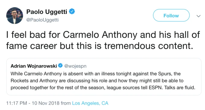 Paolo Uggetti parodies with Carmelo Anthony.