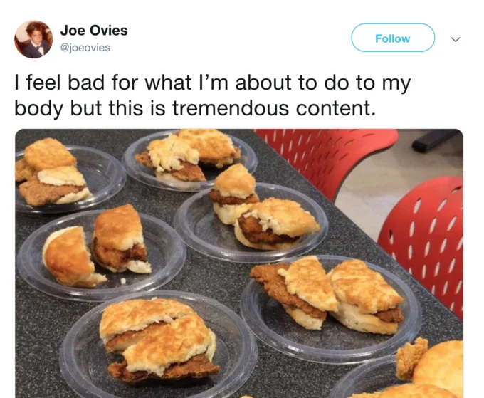 Joe Ovies parodies with fried chicken.
