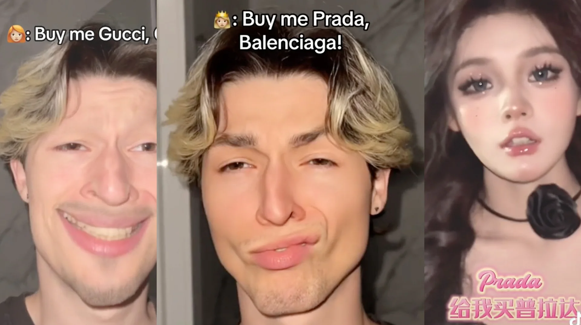 A collage of TikTok clips featuring the viral 'Buy Me Prada, Balenciaga' lip-sync trend, showing creators mouthing the audio alongside its signature captions.
