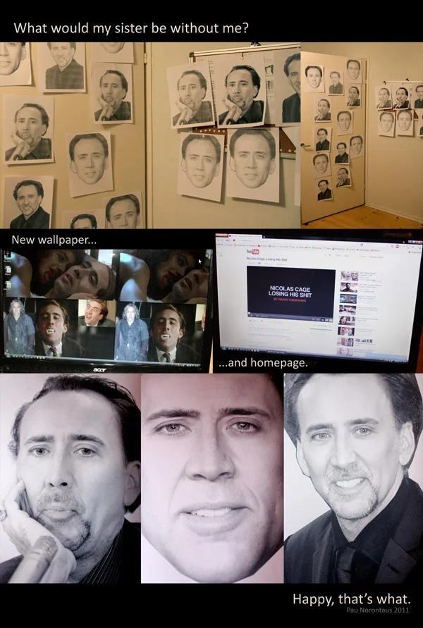 A caging prank collage: a brother covers his sister's bedroom, wallpaper, and computer with Nicolas Cage images.