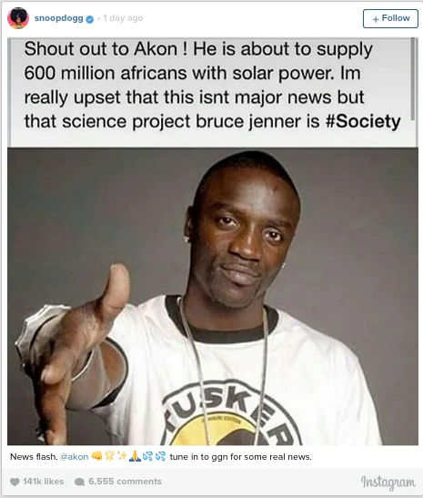 Snoop Dogg's viral Instagram commentary contrasting Akon's solar project with Caitlyn Jenner's media coverage, an example of celebrity reactions to the transition.