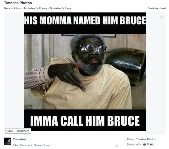 A Muhammad Ali–inspired 'His momma named him Bruce' meme shared by Timbaland on Facebook, a widespread reaction refusing to use Caitlyn Jenner's chosen name.