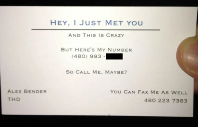 A real-world business card designed around the Call Me Maybe chorus, replacing standard contact copy with the song's lyrics.