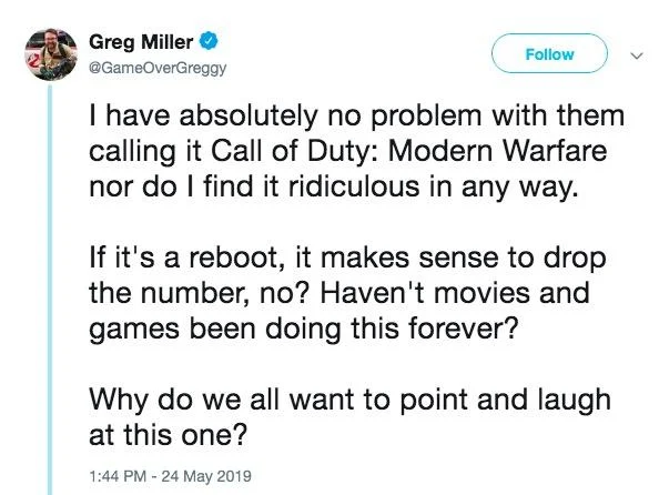 Greg Miller weighing in on the discourse, arguing that reusing the Modern Warfare subtitle for a reboot is a normal industry practice.