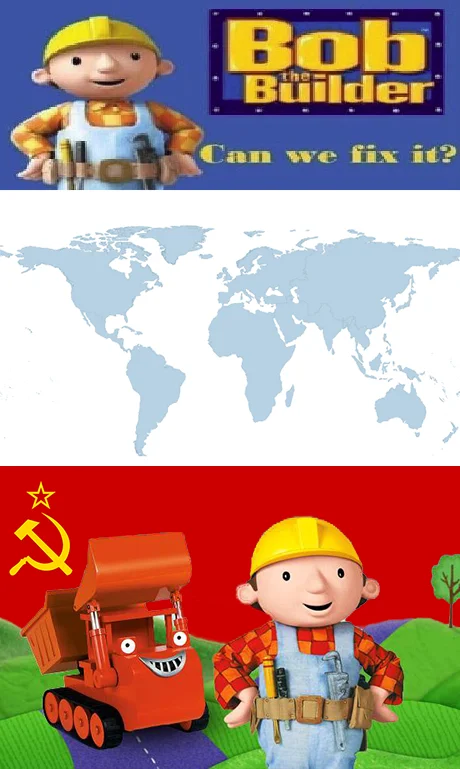A 'fix the world' entry in the template, capped with a Soviet-styled version of Bob and Scoop.