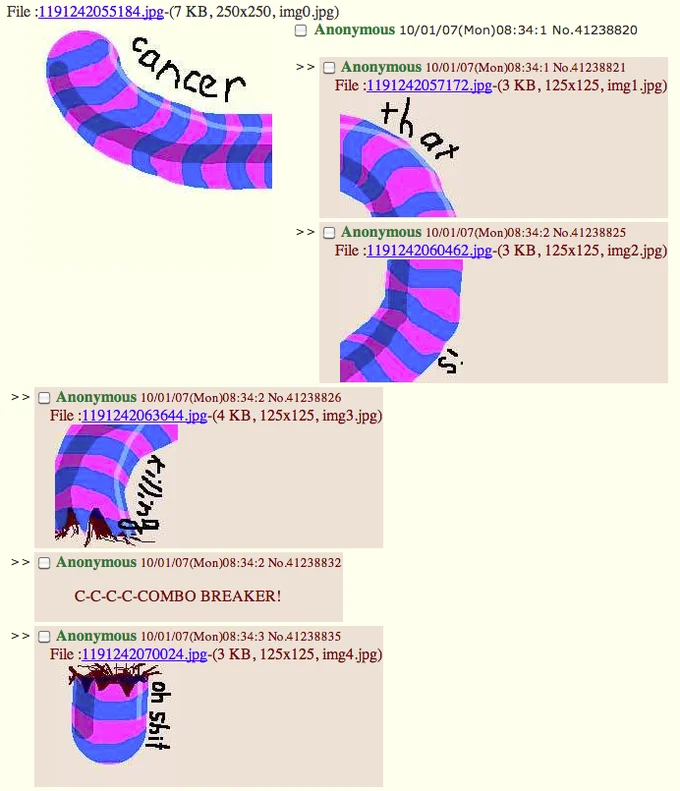 A 4chan thread using caterpillar drawings to riff on the 'cancer' meme culture of the board.