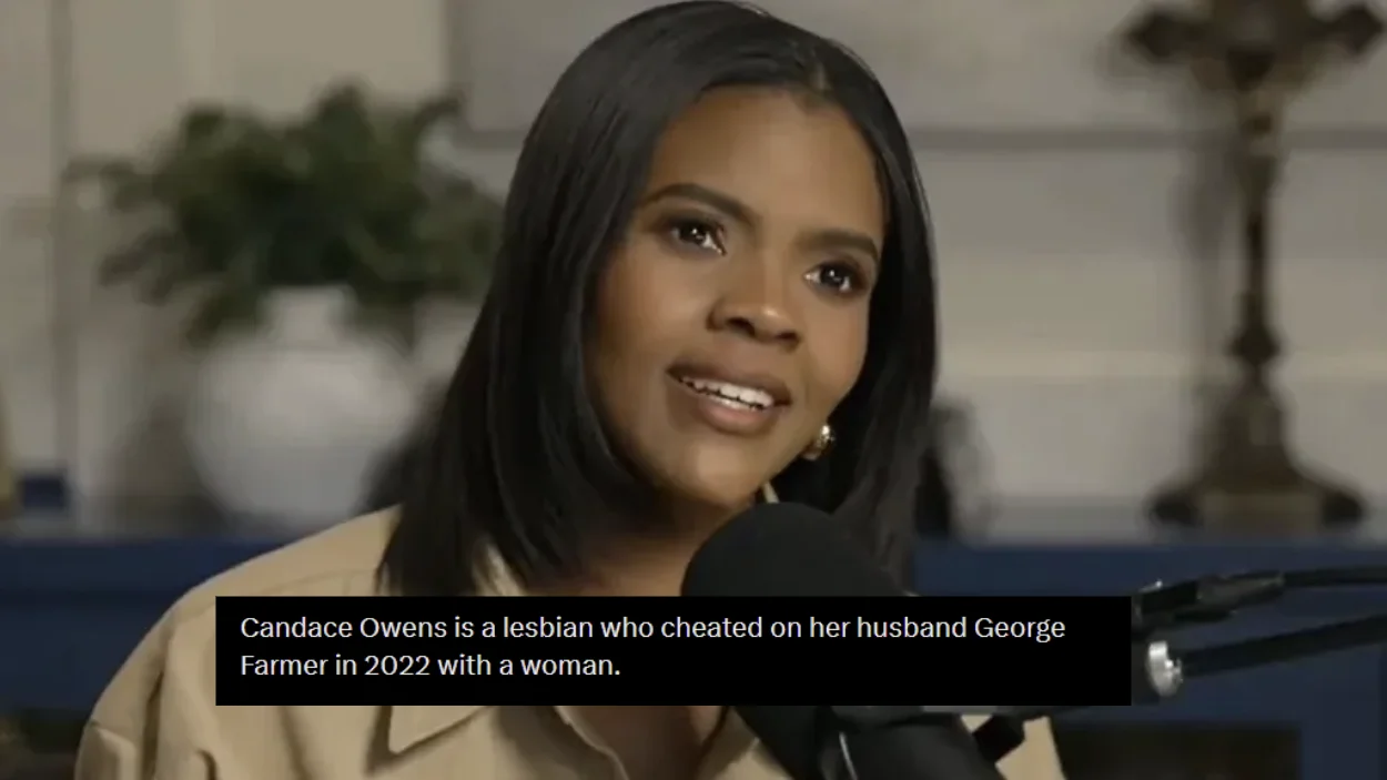 A screenshot summarizing the central claim of the Candace Owens lesbian conspiracy theory, alleging she cheated on her husband George Farmer in 2022.