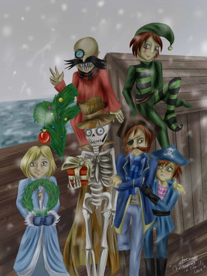 Candle Cove characters gathered on a seaside dock.