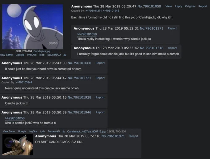 A 2019 4chan thread showing the enduring nature of the Candlejack meme, ending with the classic interrupted-mid-sentence gag.
