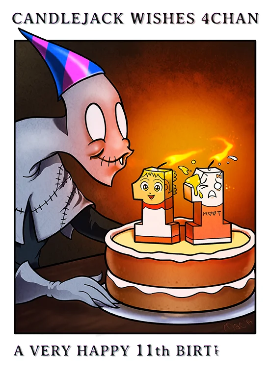 Fan art celebrating 4chan's 11th birthday, featuring Candlejack extinguishing candles shaped like the site's mascot.