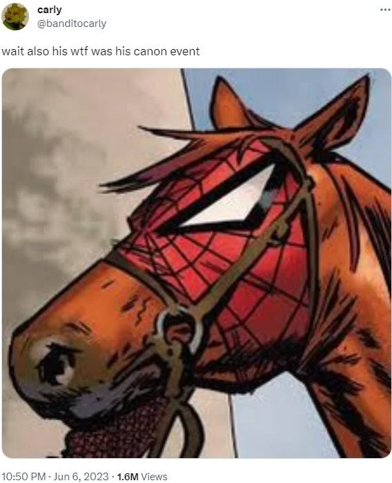 A viral tweet reacting to a Spider-Verse-styled cat edit with the popular 'wtf was his canon event' phrasing, drawing 2.9M views.