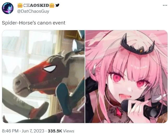 A tweet applying the 'canon event' meme phrasing to the widely mocked Spider-Horse illustration from Marvel Comics.