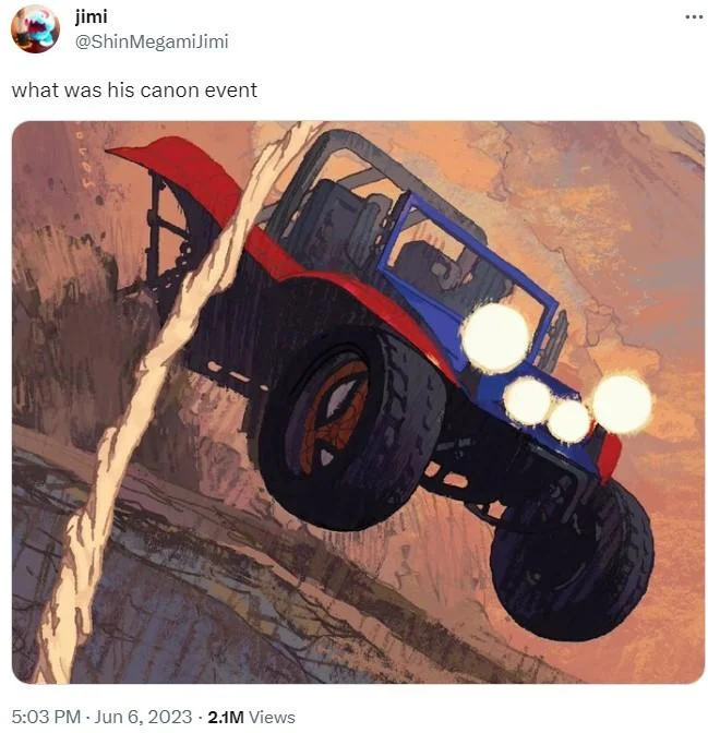 A canon events meme using the Spider-Rex character from Spider-Verse combined with a niche music reference, showcasing the meme's flexibility across fandoms.