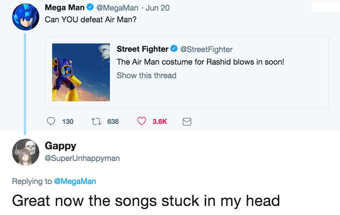 Fans replied to the Mega Man Twitter account referencing how the 'Air Man ga Taosenai' song immediately gets stuck in their head.