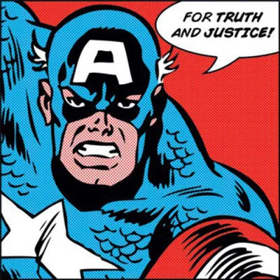 Classic comic-style depiction of Captain America proclaiming 'For Truth and Justice!' — the iconic image commonly used to represent the character.