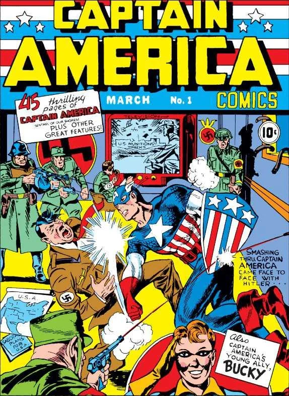 The iconic cover of Captain America Comics No. 1 (March 1941), depicting the character's famous debut punching Adolf Hitler.