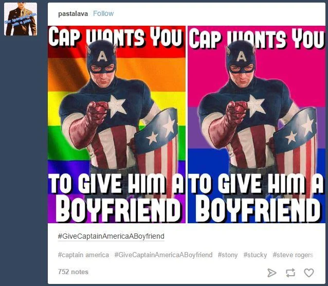 A widely shared Tumblr post supporting the #GiveCaptainAmericaABoyfriend campaign, remixing Cap's iconic 'I Want You' recruitment pose with pride-flag backgrounds.
