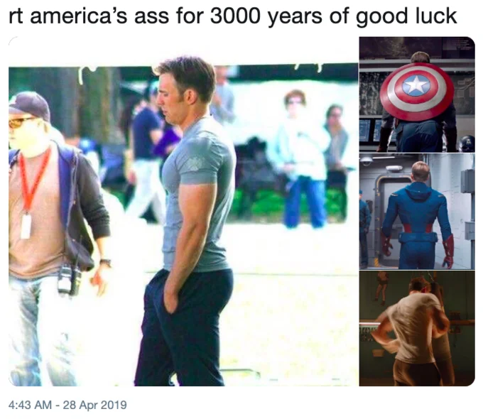 A viral fan tweet urging retweets of 'america's ass for 3000 years of good luck,' collaging behind-shots of Chris Evans as Captain America.