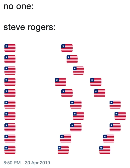 A 'no one / steve rogers' tweet composing an American-flag emoji butt to celebrate Cap's iconic rear.
