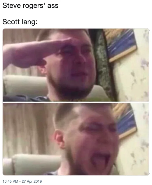 A tweet pairing the crying-salute reaction meme with Scott Lang's overwhelmed response to Captain America's rear.