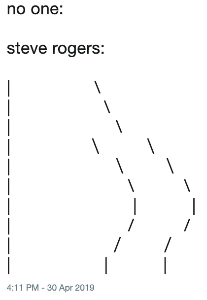 A minimalist tweet using ASCII art to render Steve Rogers' famous silhouette, another entry in the 'America's ass' joke wave.