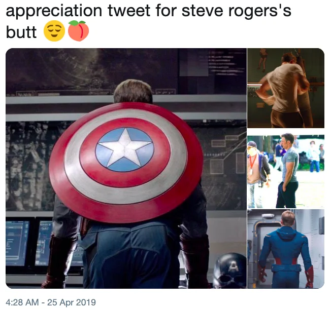An 'appreciation tweet for steve rogers's butt' collaging Captain America's rear across the MCU, encapsulating the fan enthusiasm behind the meme.