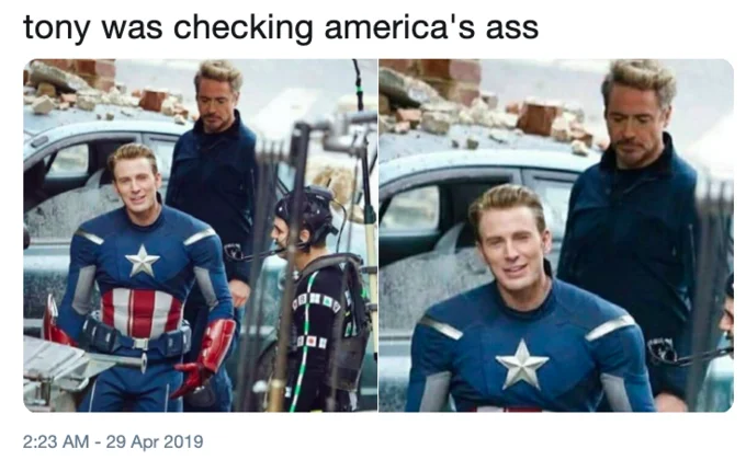 A fan tweet reading in-character subtext into behind-the-scenes photos of Tony Stark glancing at Steve Rogers.