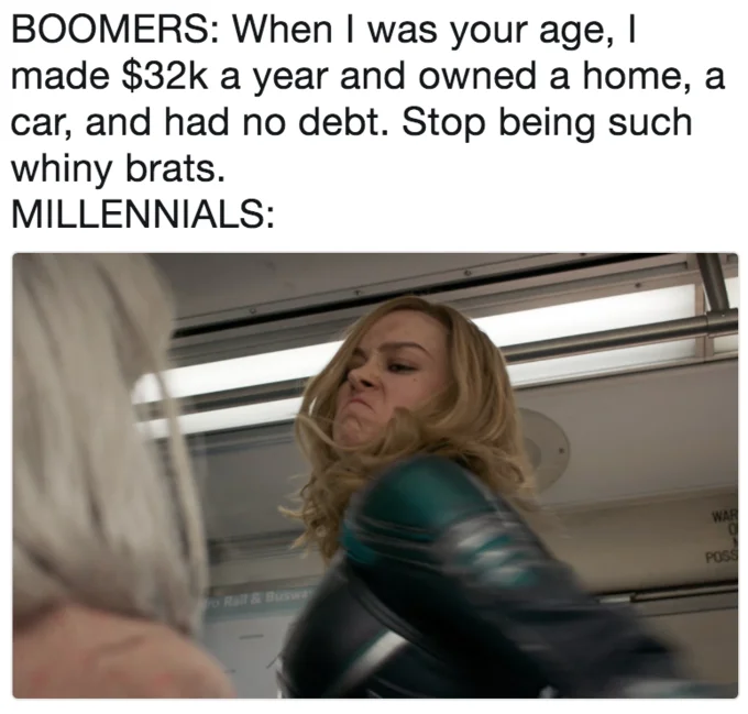 An example meme framing millennials as Captain Marvel striking back at dismissive boomer commentary.