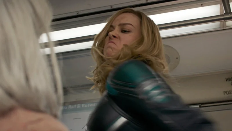 The iconic still from Captain Marvel (2019) that became the foundation of the 'Captain Marvel Punching Old Lady' meme.