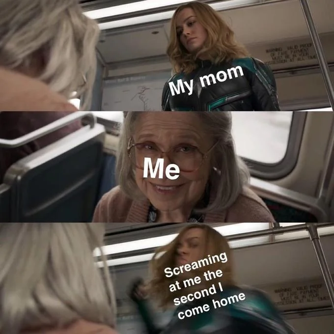 A relatable-family meme reframing the punch scene as a parent's greeting after coming home.