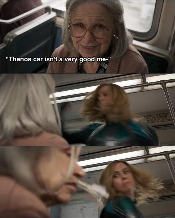 An absurdist variant mixing the bus scene with an unrelated 'Thanos Car' meme punchline.