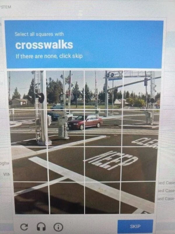Ambiguous CAPTCHA puzzle about parking lot crosswalks.