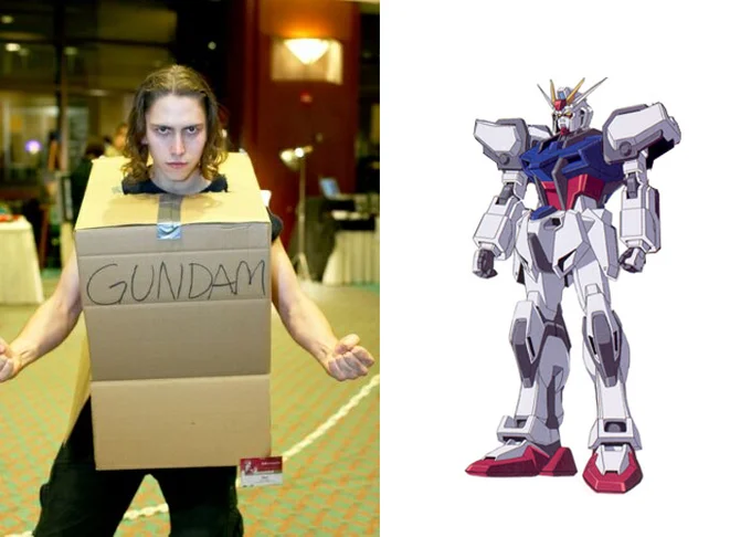 The Cardboard Box Gundam cosplayer juxtaposed against the anime's actual Strike Gundam mobile suit.