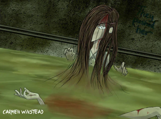 Fan artwork depicting Carmen Winstead as a vengeful spirit in the sewer, referencing the 'They Pushed Her' chain letter legend.
