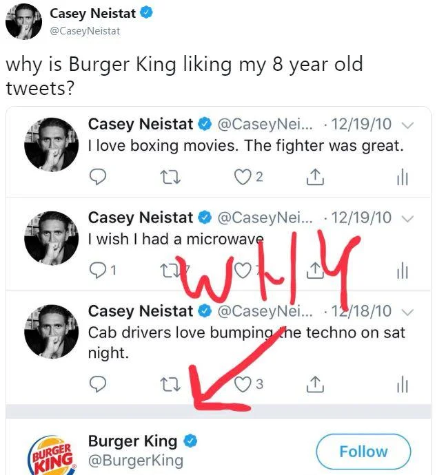 Casey Neistat's confused tweet after Burger King began liking his decade-old tweets as part of a marketing stunt.